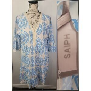 Saiph Lab Santorini Cotton Dress Womens SZ Medium Coastal Lagenlook NEW